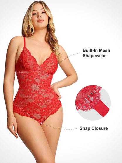 🔥Summer Sale 40% OFF - V Neck Lace Shapewear Bodysuit🩱
