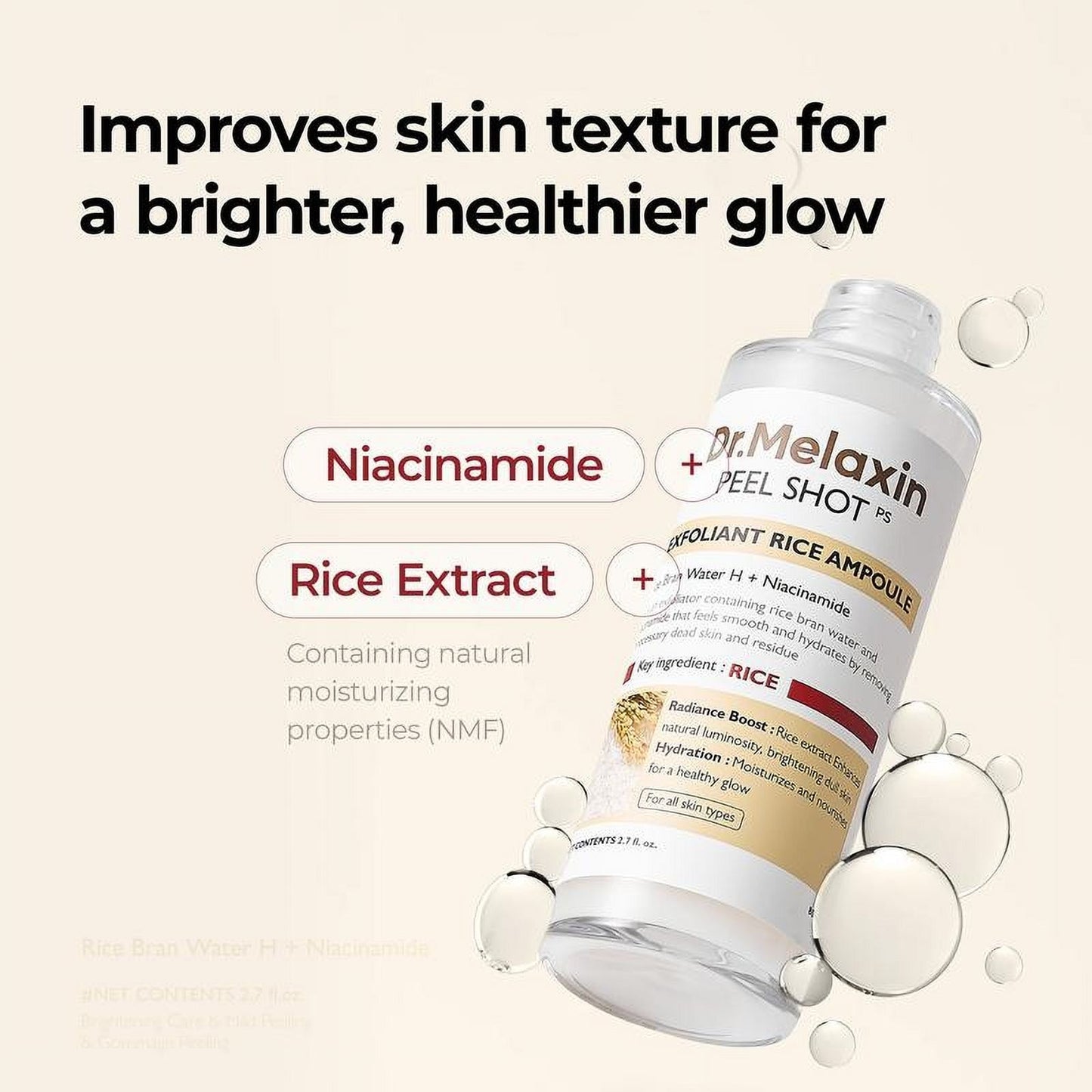 Peel Shot Glow Rice Peeling Ampoule, Soft Exfoliating Face and Body Scrub Dead Skin Cells